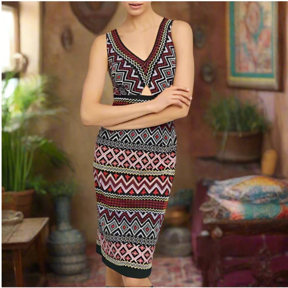 Anthropologie Boho Bodycon Embroidered Dress Stretch Knit Sleeveless V-Neck